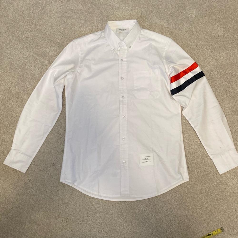 Thom Begg New York white dress shirt with red white and blue stripes on sleeve